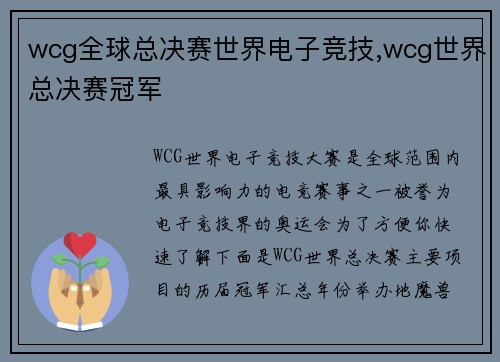 wcg全球总决赛世界电子竞技,wcg世界总决赛冠军